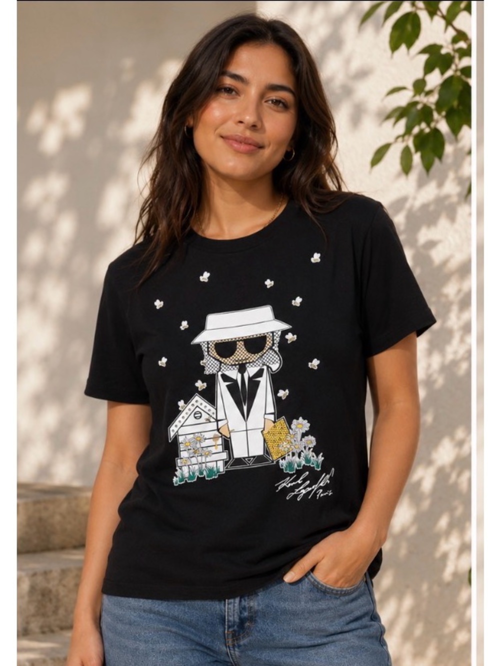 Karl Lagerfeld Black Tee with White, Gold & Green Graphic XS